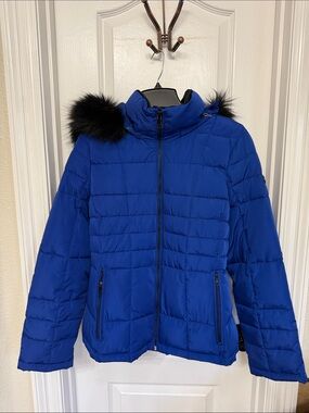 Calvin Klein Blue Puffer Jacket with Black Faux Fur Trim